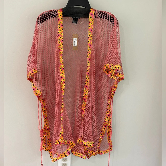 Steve Madden Open Weave Topper - Pink/Yellow Floral Mesh Kimono - NWT! - Picture 5 of 14